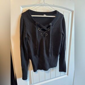 bar III Women’s Ribbed Lace-Up Knit Sweater, Black, Medium